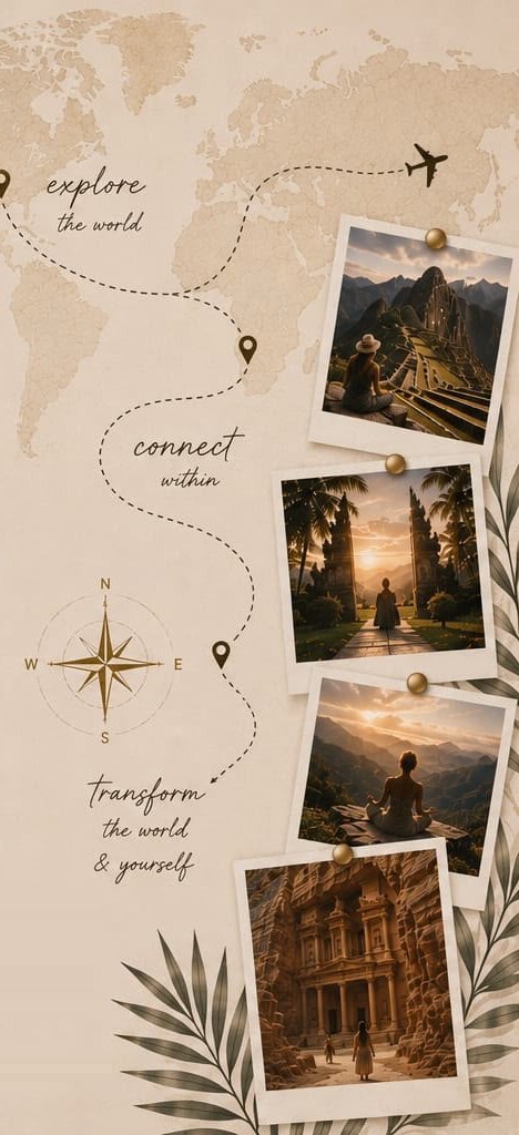 Karta svijeta s rutom putovanja i fotografijama s destinacija: explore, connect, transform